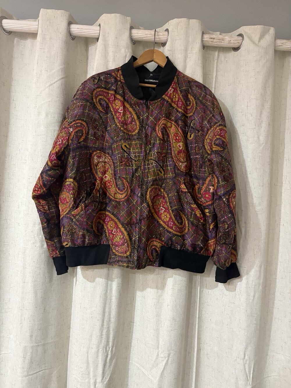 Vintage 90s Diane Gilman oversized silk bomber jacket size L Retro Y2K
